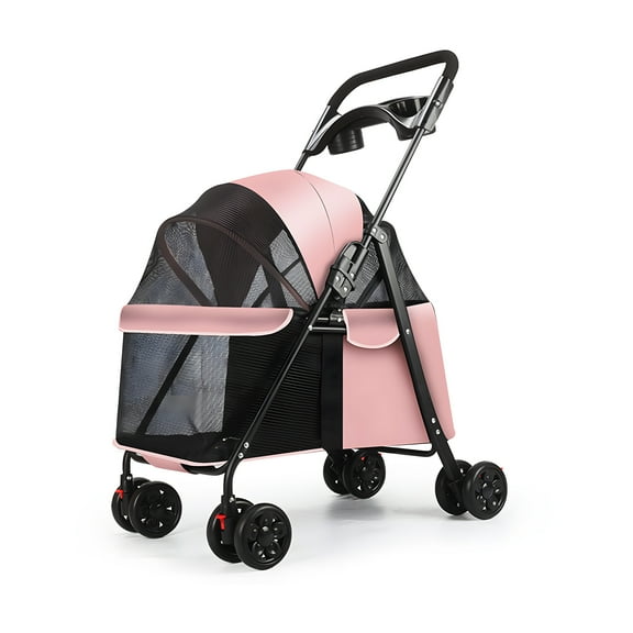 Jnismy 4 Wheels Foldable Pet Stroller Cat Dog Stroller Outdoor Travel Dog Cat Cage Stroller Puppy Stroller with Cup Holder,Visible Window for Medium Small Dog,Pink