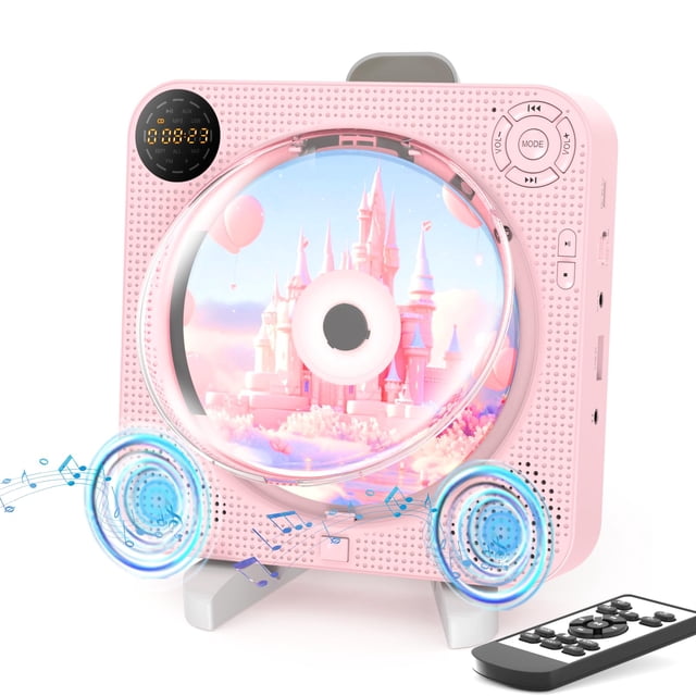 Reproductor de CD portátil Desobry Bluetooth con altavoces rosa