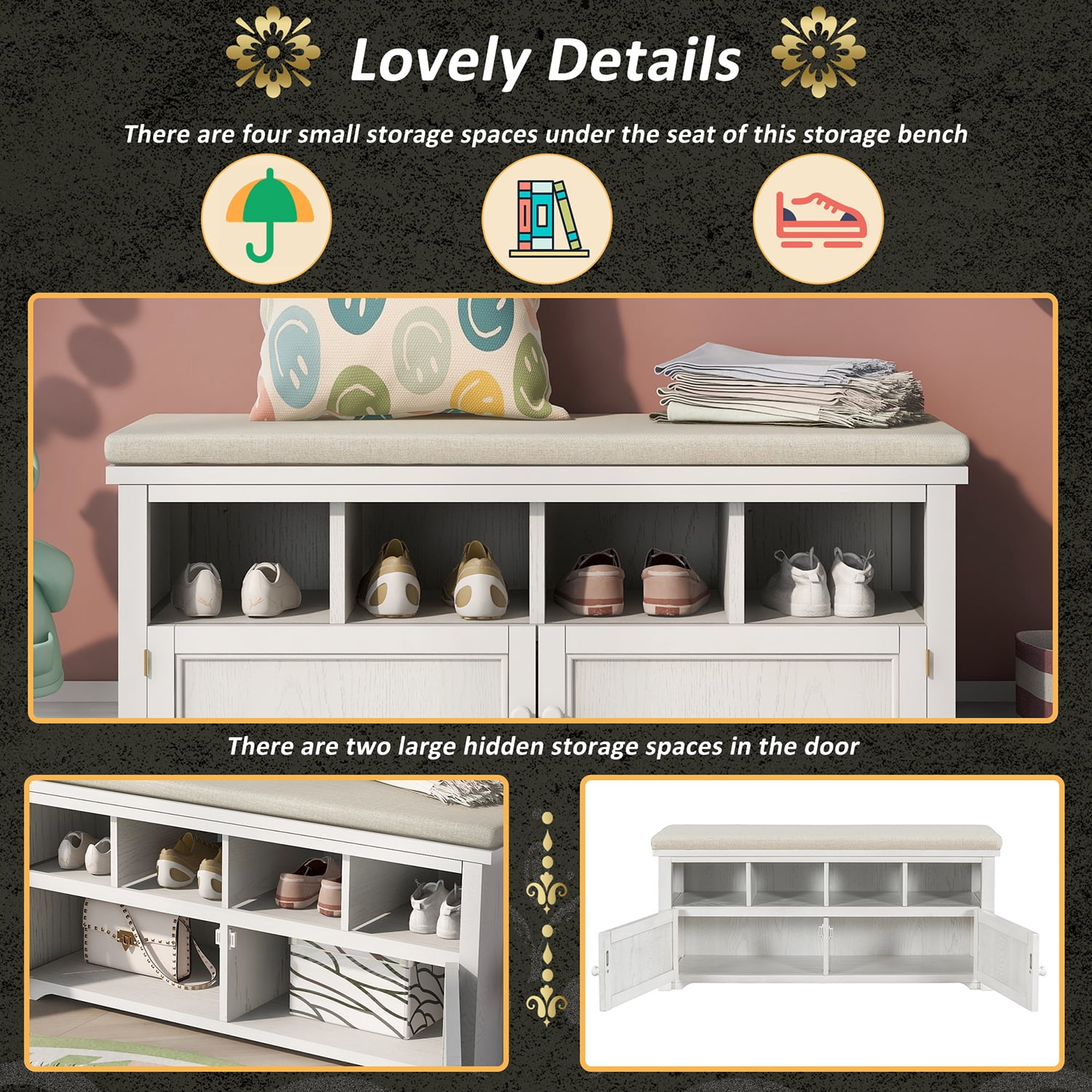 Kadyn Rustic Style Two-Door Storage Bench, Shoe Entryway Bench with Linen Upholstered Top Cushion, Pine Organizer Footrest Bench Ottoman for Entryway, White Kadyn Rustic Style Two-Door Storage Bench, Shoe Entryway Bench with Linen Upholstered Top Cushion, Pine Organizer Footrest Bench Ottoman for Entryway, White