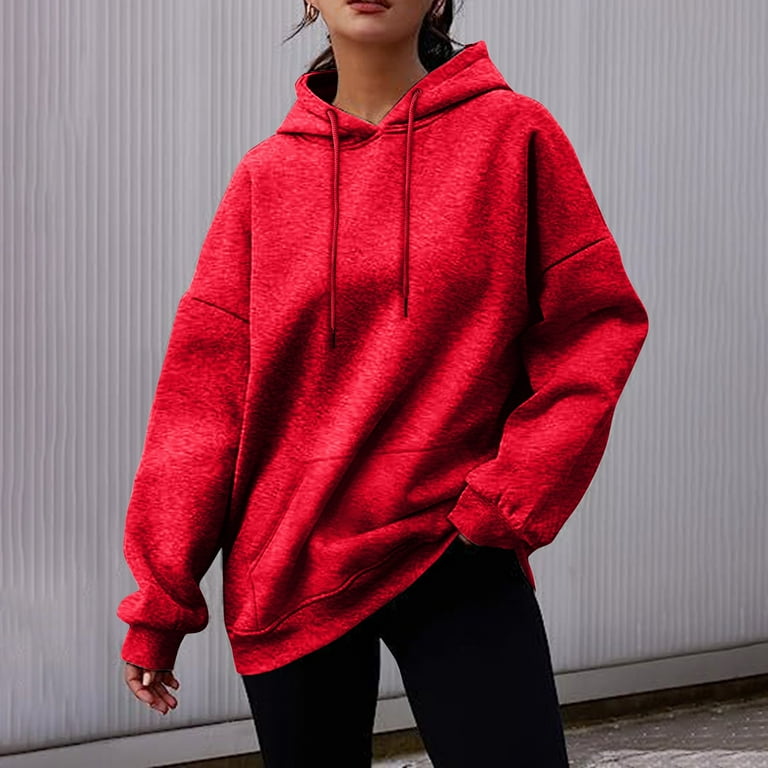 Susanny Womens Oversized Hoodie Long Sleeve Drawstring Red Aesthetic Sweatshirt Workout Hooded with Pocket Sweater Fashion Raglan Plain 2023 Pullover