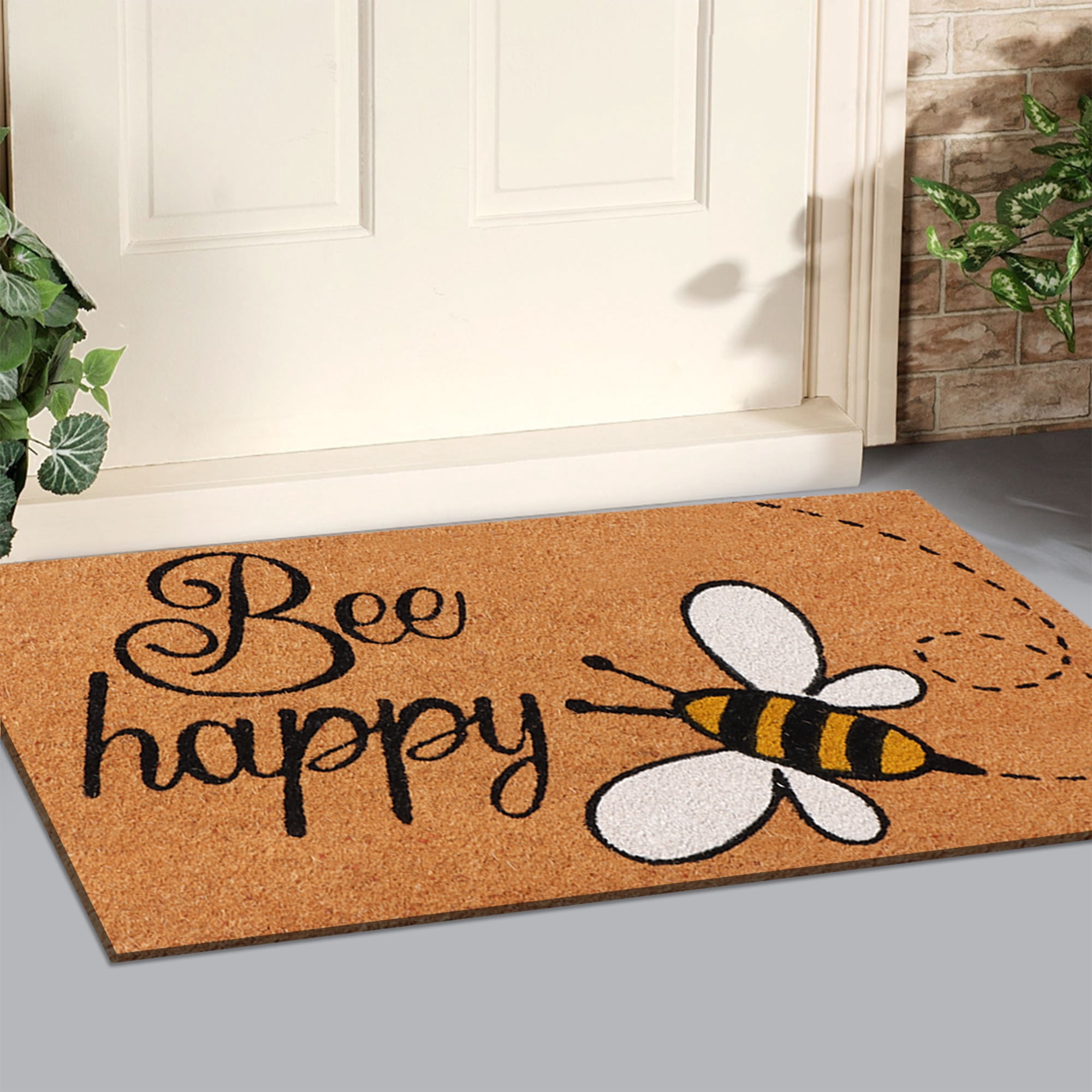 A1HC Natural Coco Coir Doormat, Bee Happy, 18"x30", Durable Outdoor Welcome Mat, Non-Slip, Easy to Clean, Pet Friendly