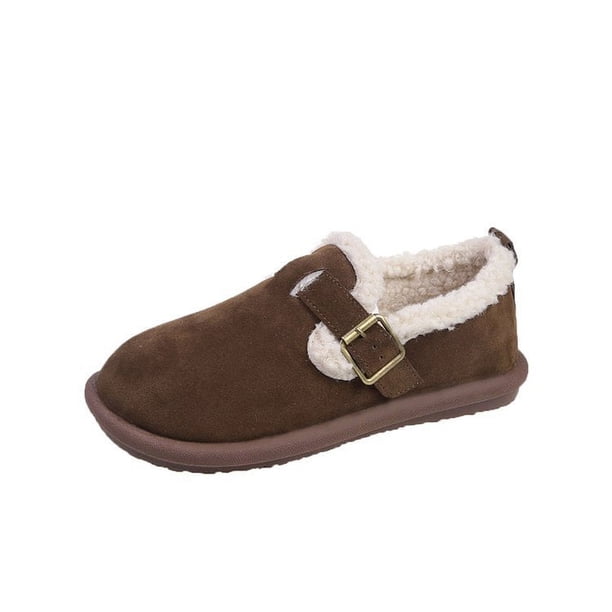 Zapatos de suela gruesa, zapatos de piel con suela blanda, zapatos de mujer con vellón de algodón añadido para otoño e invierno, mocasines marrones vintage