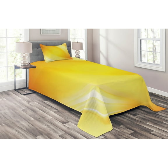 Ambesonne Digital Quilted Coverlet 2 Pcs, Yellow Lines Ombre, Twin Size, Yellow and White
