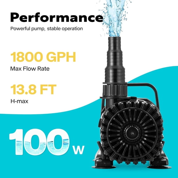 SPECSTAR 100W 1800GPH Submersible Water Pump with 180° Adjustable Water Outlet, 13.8ft High Lift for Waterfall Fountains Fish Tank Pond