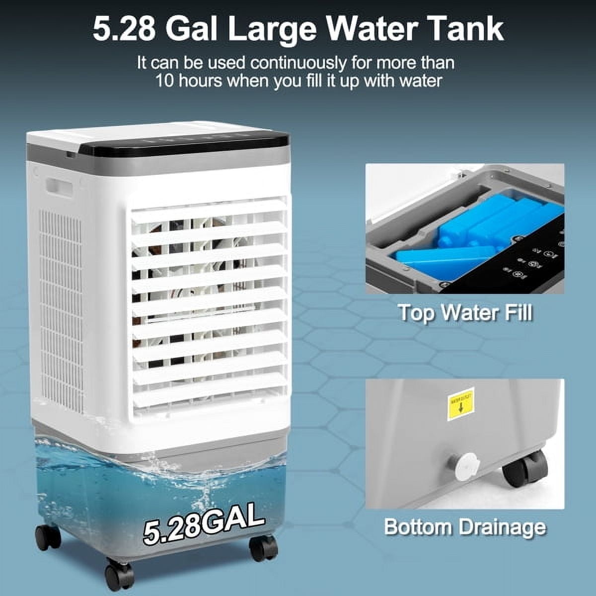 461CFM Portable Air Cooler, 5.28 Gal/20L Evaporative Swamp Cooler, 3-IN-1 Cooling Fan with Scroll Casters, Remote Control, 3 Speeds, 12H Timer & 4 Ice Box, Humidifying Oscillating Fan