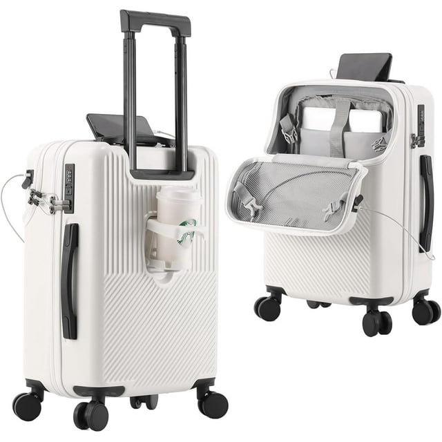 20 Inch Carry On Luggage, Front Pocket Carryon Suitcase with Phone Holder & Cup Holder, Hardshell Luggage with Double TSA Lock, USB Port (White)