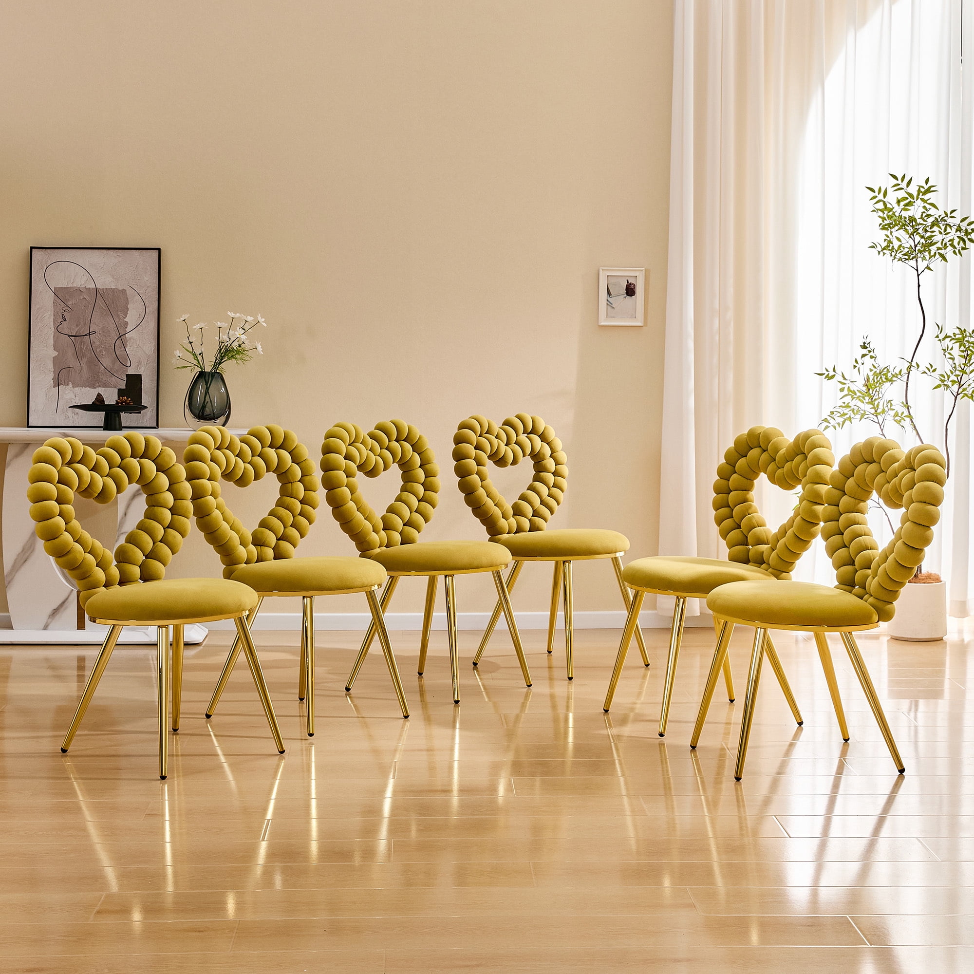 Leumius Set of 2 Unique Heart Bubble Tufted Accent Chair, Plush Velvet Chair with Shiny Gold Metal Frame, Cute & Modern Seating for Home Decor Yellow