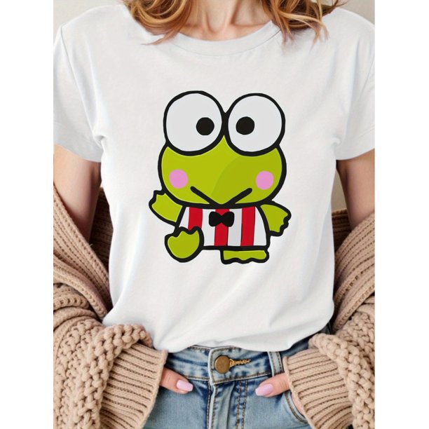 Women's Summer Casual Round Neck Short T-Shirt with Big-Eyed Frog Pattern tee top