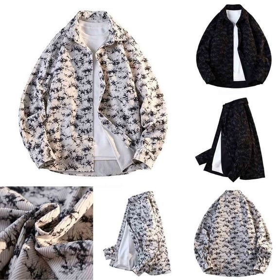 FRSASU Mens Corduroy Vintage Ink Style Shirt Button Jacket Loose Casual Lapel Shirts White