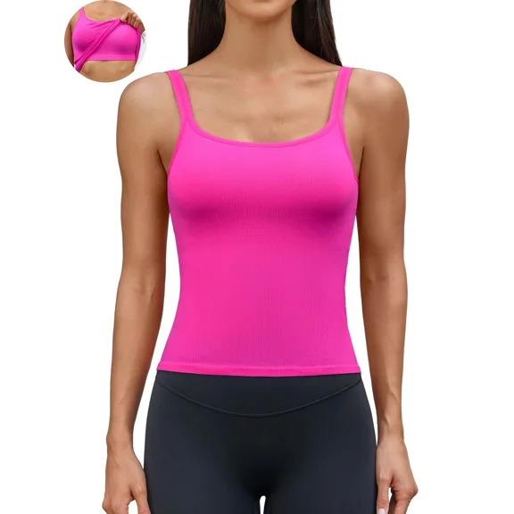 ANFERRY Women Fitted Workout Tank Tops with Built in Bra Ribbed Seamless U Back Basic Gym Camisoles