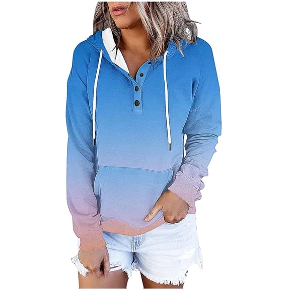 XPMWRP Women's Gradient Color Oversized Hoodies Drawstring Sweatshirt Long Sleeve Loose Fit Comfortable Button Pullover with Pockets Blue L