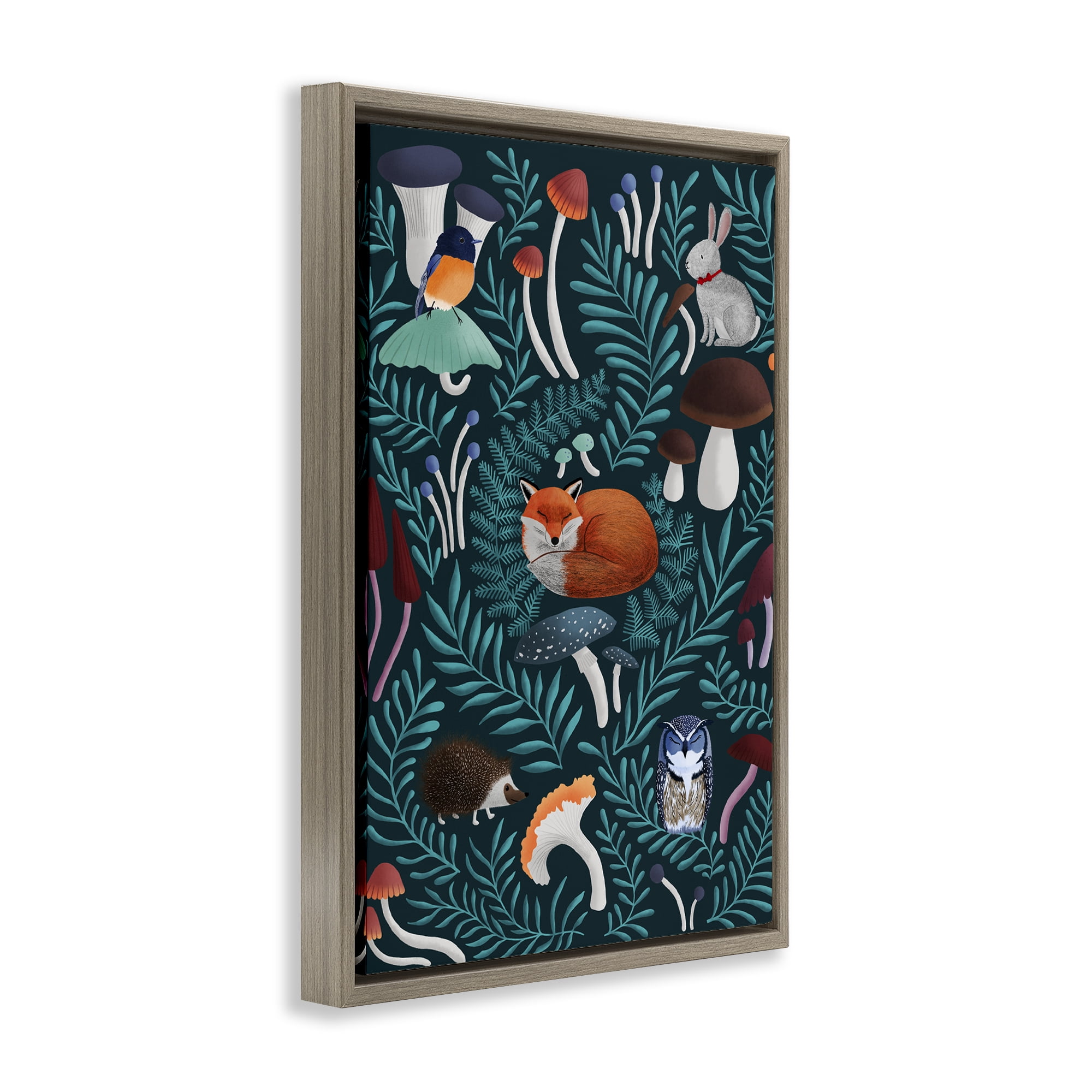 Woodland Animals & Botanical Sprigs Brown Framed Floater Canvas Wall Art, design by Metka Hiti