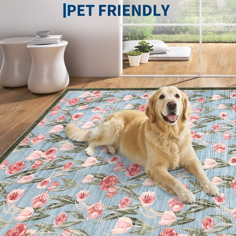 USA RUG / チューリップ柄 HIWEAVER Gray Pink 9' x 12' Washable Floral Tulip Bordered Area