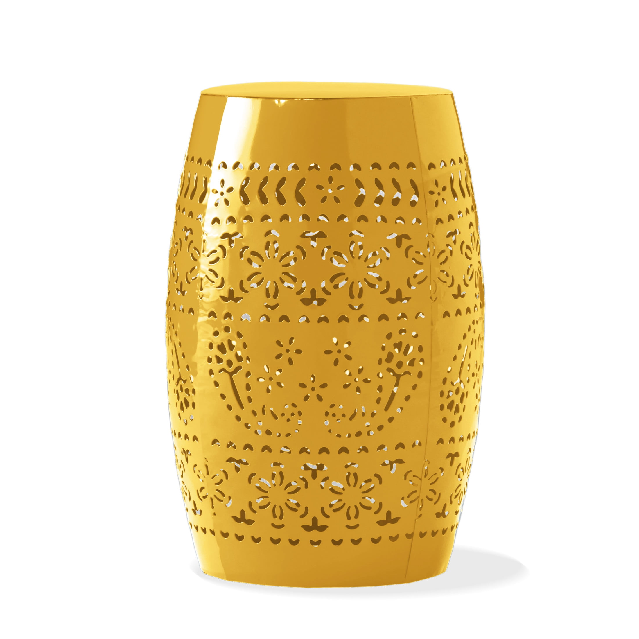 Christopher Knight Home 12" Outdoor Lace-Cut Iron Side Table, Decorative Barrel Accent Patio Table, Yellow