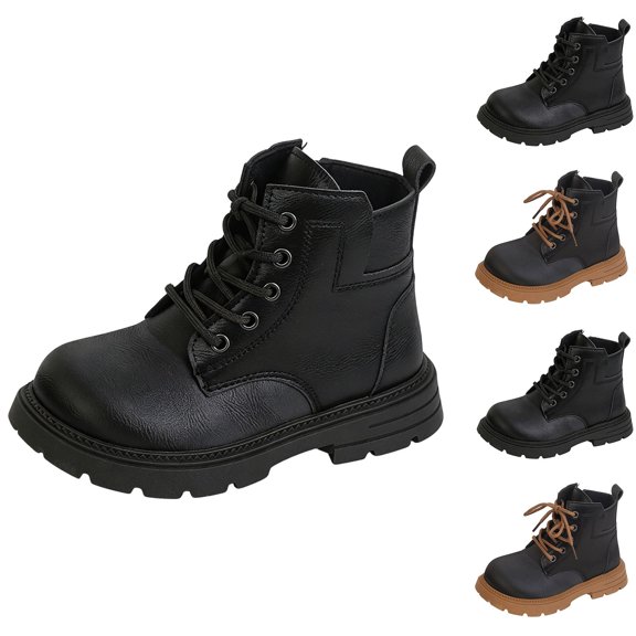 WAVSUF Girls Combat Boots Soft Sole Faux Leather Wide Width Fall Winter Chunky Boots Black 3 Little Kid