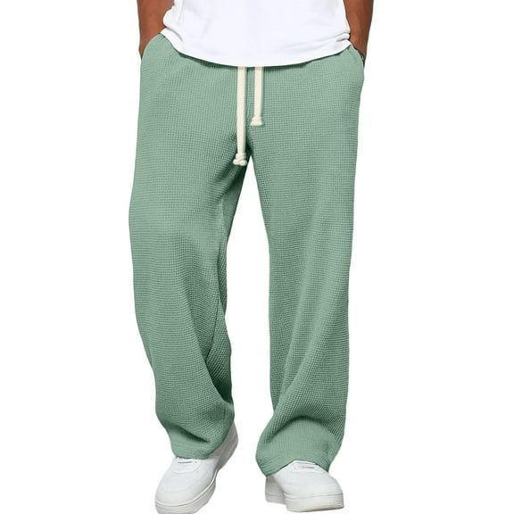 Mohiass Waffle Texture Pants Men Drawstring Wide Leg Hippie Pants Lightweight Breathable Hiking Sweatpants Lounge Trousers Light Green M