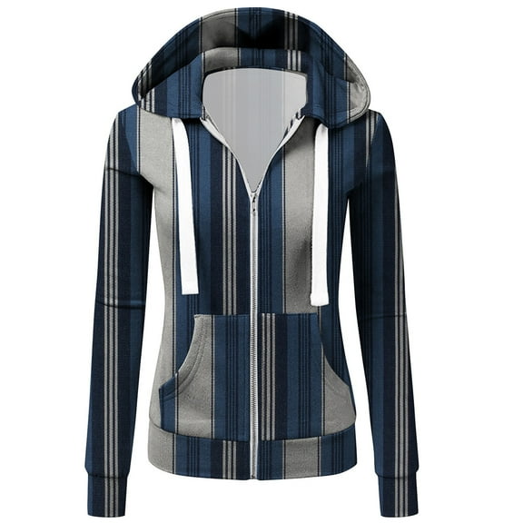 Women Hoodies Clearance Women's Casual Hooded Pockets Stripe Zipper Long Sleeve Tops Sweatshirt Coat