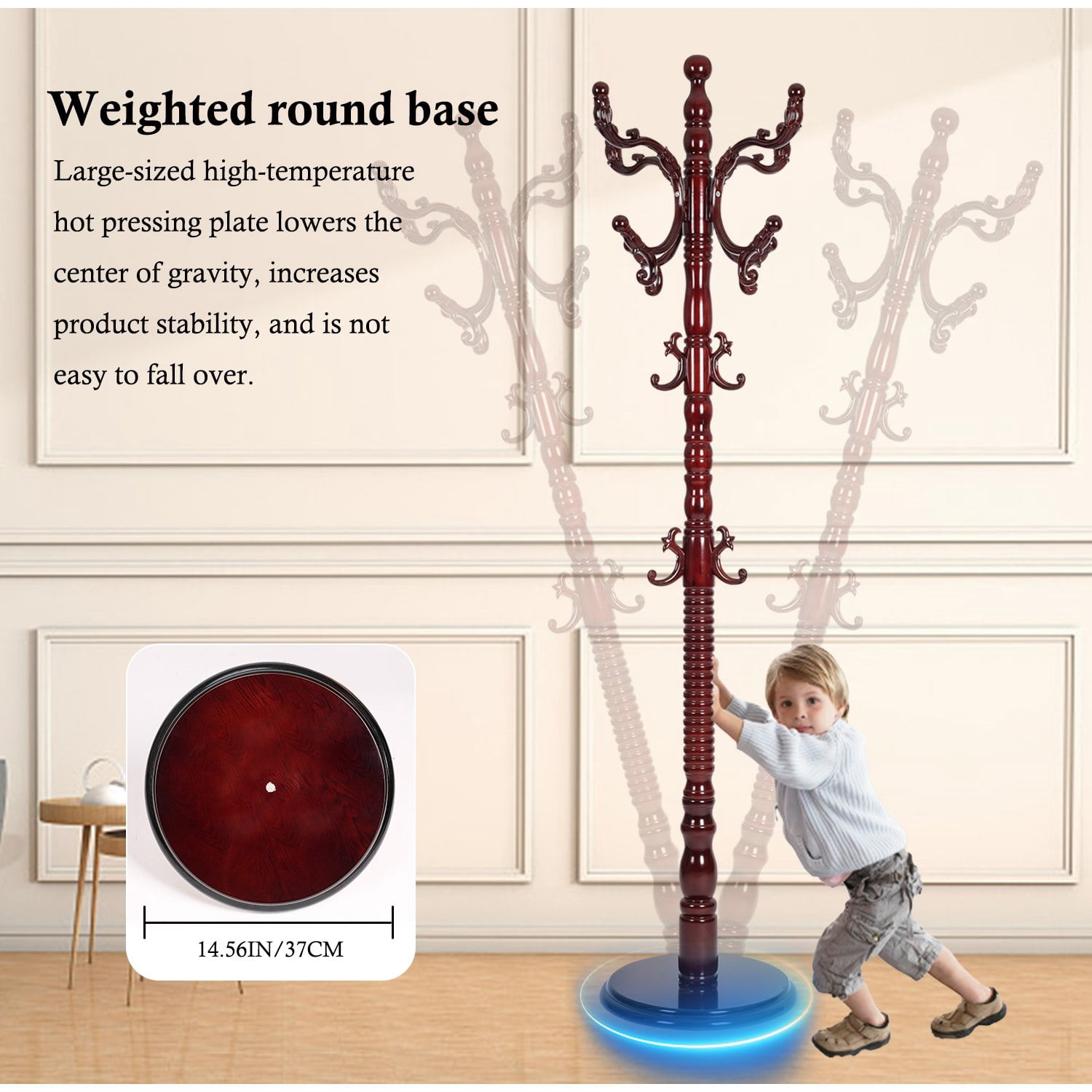 Freestanding Wooden Coat Rack, Natural Birch Wood Coat Tree with 14 Hooks, Sturdy Hall Tree for Entryway & Office
