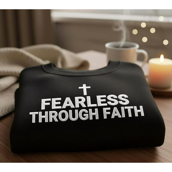 Custom Fearless Through Faith Sweatshirt – Christian Embroidered Crewneck – Religious Inspirational Gift for Women