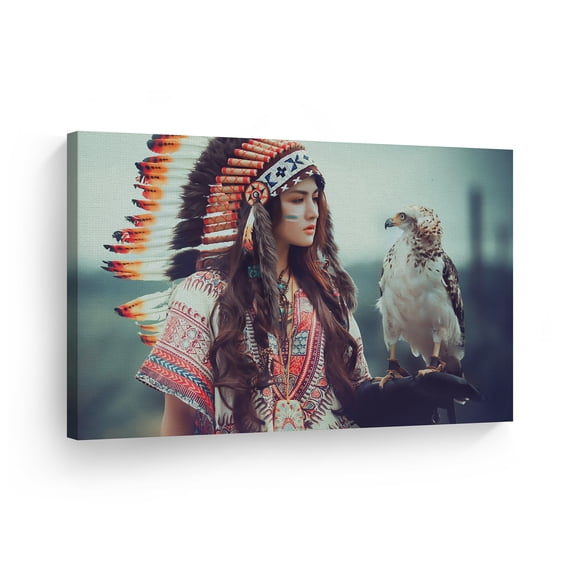 Smile Art Design Indian Wall Art Native American Girl with Little Eagle Canvas Print Home Decor Decorative Artwork Living Room Bedroom Office Wall Decor Ready to Hang Made in USA - 30x40