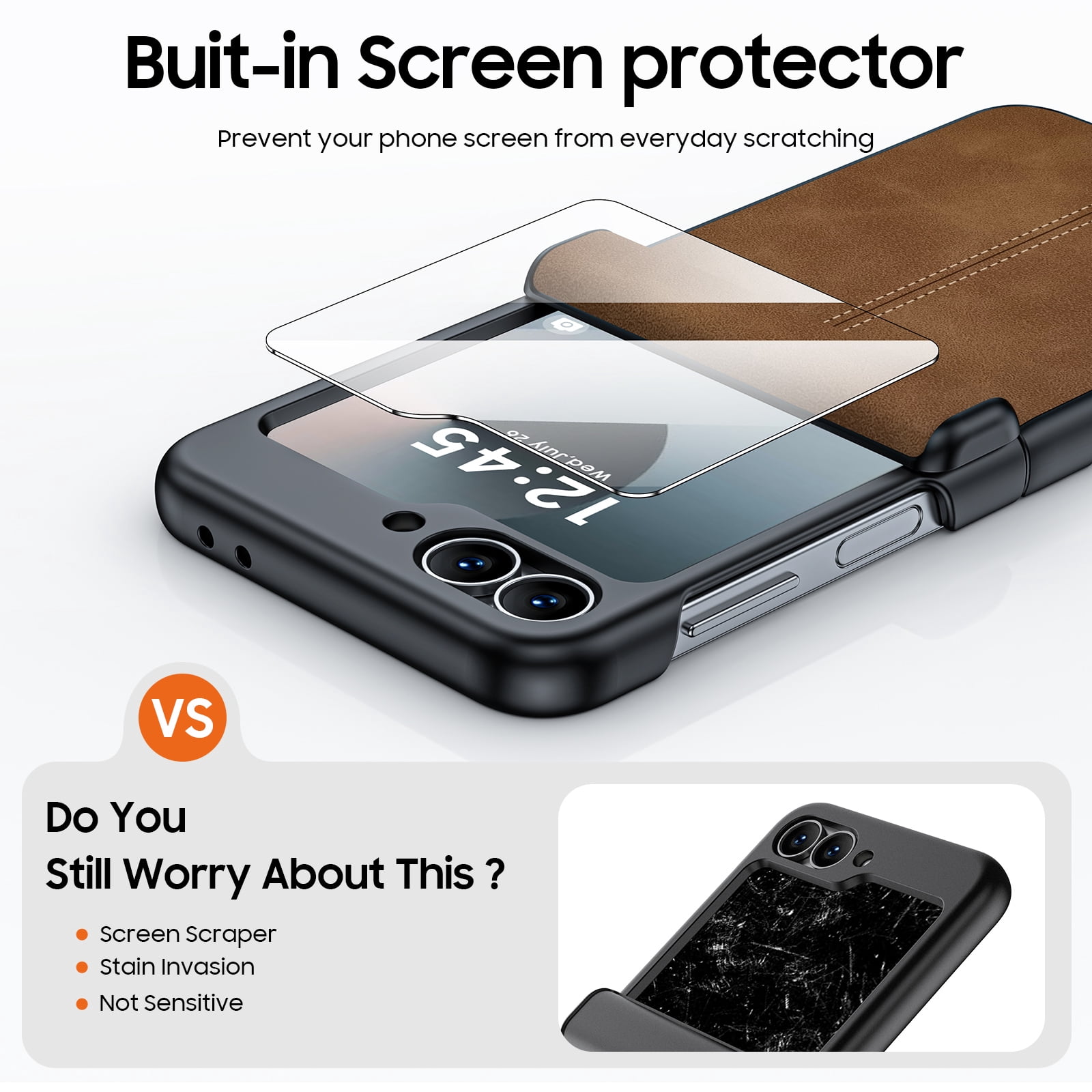 Oupeigar for Samsung Galaxy Z Flip 6/7FE Phone Case With Hinge Protection & Screen Protection,Ultra Thin Leather Shockproof Cover Case-Brown