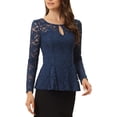 thumbnail image 4 of INSPIRE CHIC Women's Top Lace Keyhole Front Peplum Hem Sheer Long Sleeve Blouse L Dark Blue, 4 of 6