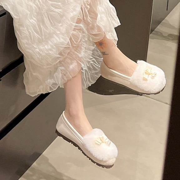 Yusimy Women's Eye-Catching Fuzzy Pearl Bow Boots - Autumn Winter Wide Size Comfortable Warm Cotton Flat Shoes with Solid Color Cozy Design for Casual Outfits
