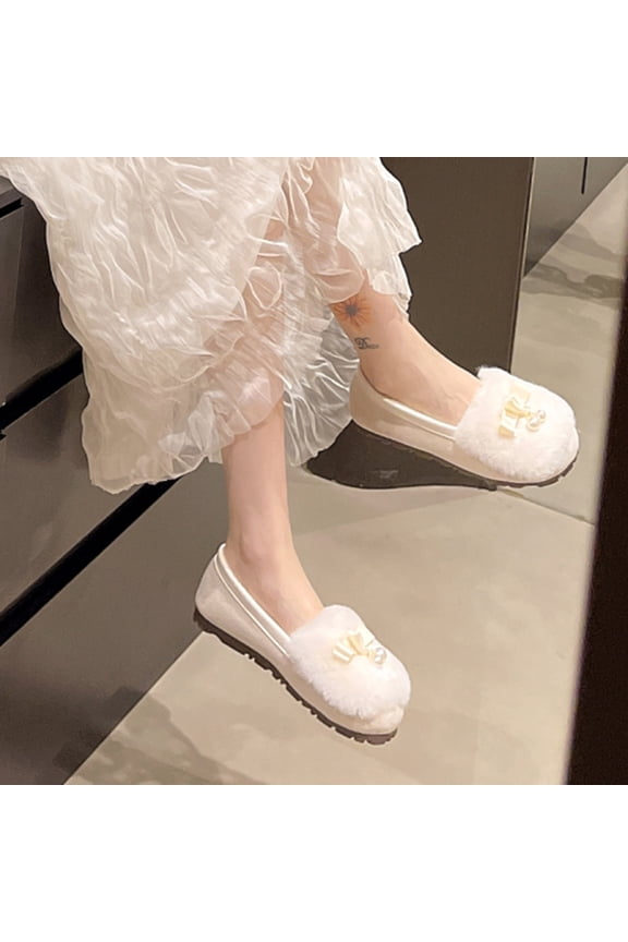 Women's Eye-Catching Fuzzy Pearl Bow Boots - Autumn Winter Wide Size Comfortable Warm Cotton Flat Shoes with Solid Color Cozy Design for Casual Outfits