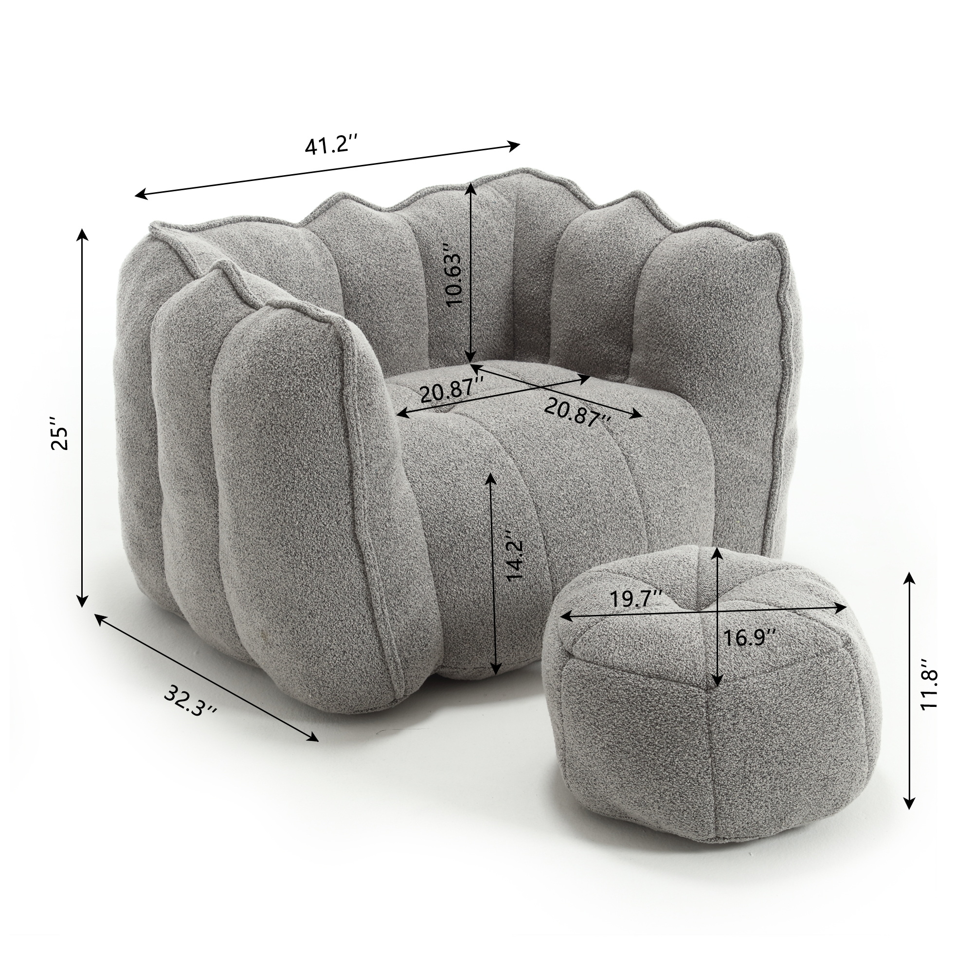 Leumius Soft Bean Bag Chair with High Resilient Foam(Chips)for Living Room and Bedroom,Comfortable Square Lazy Sofa with Footstool for Adults to Gaming, Reading and Watching TV Grey