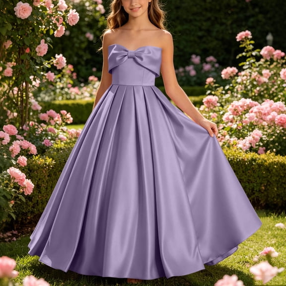 Shihyeh Girls Strapless Satin Ball Gown With Bow Flower Girl Dress For Wedding Bridesmaid Pageant Birthday Party Floor Length A-Line Dress For Kids Teens