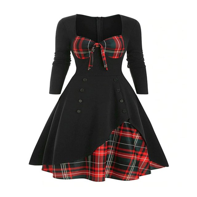 AMERTEER Robe Patchwork Printemps Automne pour Femmes Manches Longues Col Carré à Carreaux Fermeture Éclair Robe Trapèze