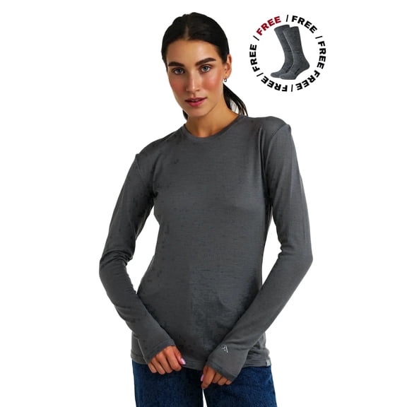 Merino.tech Women’s 𝗦𝗼𝗳𝘁 Breathable Lightweight Merino Wool Base Layer Top and Hiking Socks Bundle