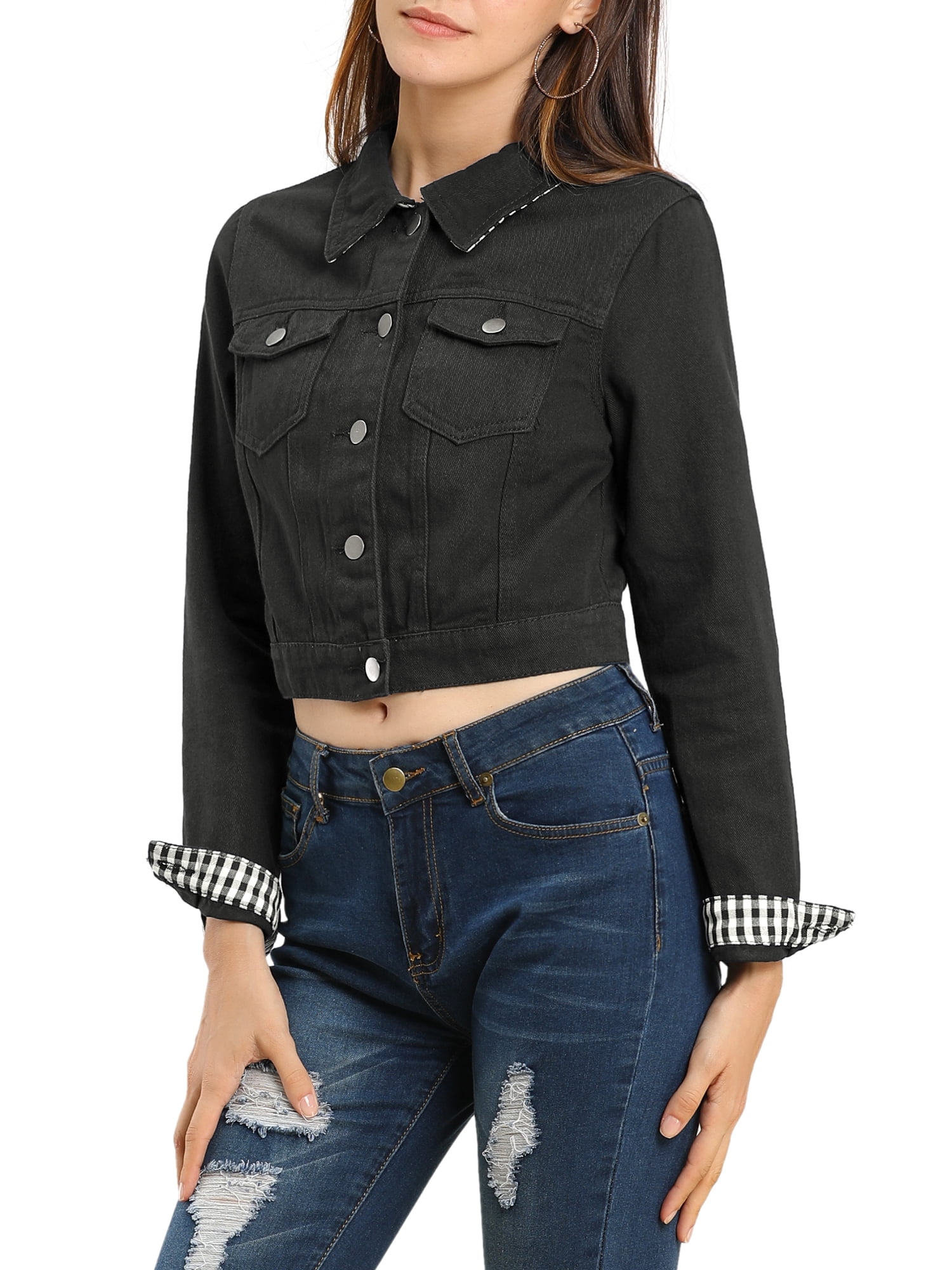 DARING DIVA Women's Button Down Long Sleeve Cropped Denim Jacket M Black