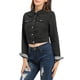thumbnail image 4 of CHAQUETA DE JEAN CORTA PARA MUJER INSPIRADA CHIC CON BOLSILLO EN EL PECHO Y DETALLES A CUADROS, CON BOTONES, TALLA XL, NEGRO, 4 of 7