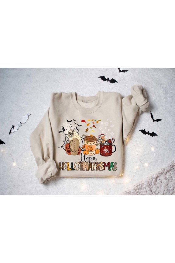 Happy Hallothanksmas Sweatshirt, Women ,Winter Holiday Sweatshirt, Cute Sweater, Colorful Sweatshirt SWEATSHIRT All Size S-5XL