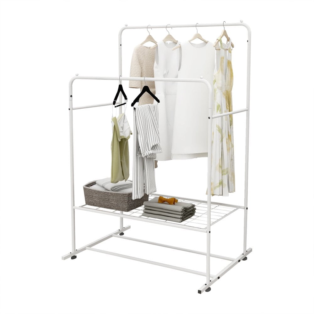 Hassch Double Clothes Rack with Shelves, Standing Metal Sturdy Garment