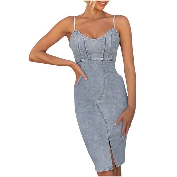 Vestido de mezclilla Pompotops sin espalda con cremallera sin mangas color sólido para mujer Talla S M L XL