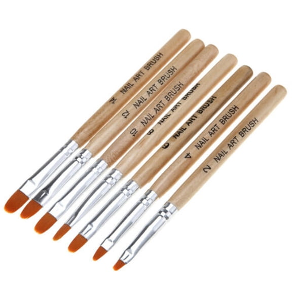 Wooden Handle Nail Art Brush Set, 7 Round Tip Brushes for Gel and Acrylic, Fiber Bristles
