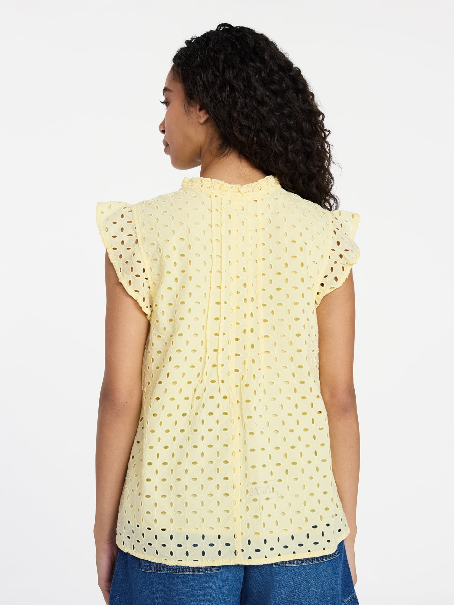 Time and Tru Women's Cotton Eyelet Top with Short Flutter Sleeves, Sizes XS-XXXL