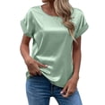 thumbnail image 5 of LYMAYTER Women Satin T-Shirt Round Neck Top Fallow Loose T-Shirt Spring and Summer T-Shirt Solid Color Shirt for S-2XL, 5 of 9