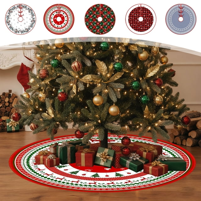 Exquisita Falda para Árbol de Navidad Estampada | Falda Personalizada con Renos y Copos de Nieve | Tela Villi Multicolor | 90 Cm de Diámetro | Decoraciones Festivas para Las Fiestas