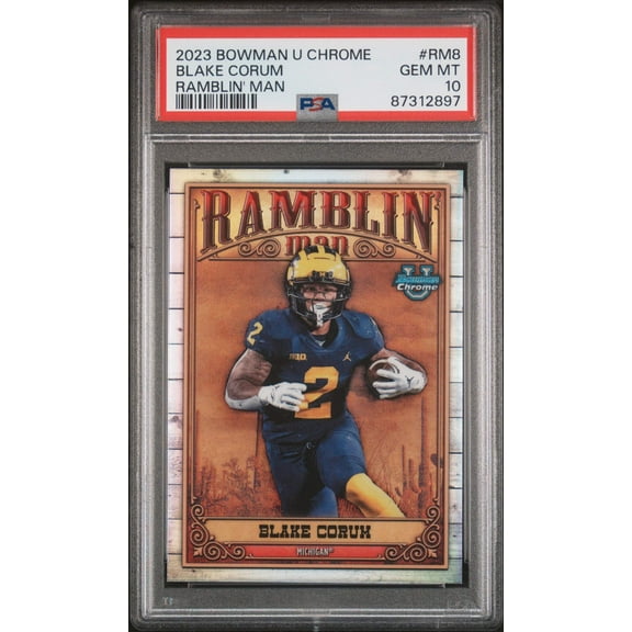 Graded 2023 Topps Bowman U Chrome Blake Corum #RM8 Ramblin Man Rookie RC Football Card PSA 10 Gem Mint