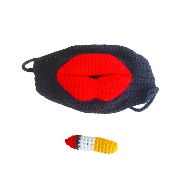 Fiudx Mascarilla de Salchicha, Diseño de Crochet Artesanal, Boca Grande con Llama Roja, Material Suave y Transpirable, Accesorio Divertido para Fiestas y Eventos de Disfraces, Reutilizable y Cómoda,