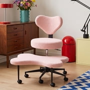 Pinmoco Cross Legged Office Chair, Pink Teddy Fabric Cute Ergonomic Swivel Vanity Chair, Heavy Duty Wide Seat for Bedroom & Home Office, Armless