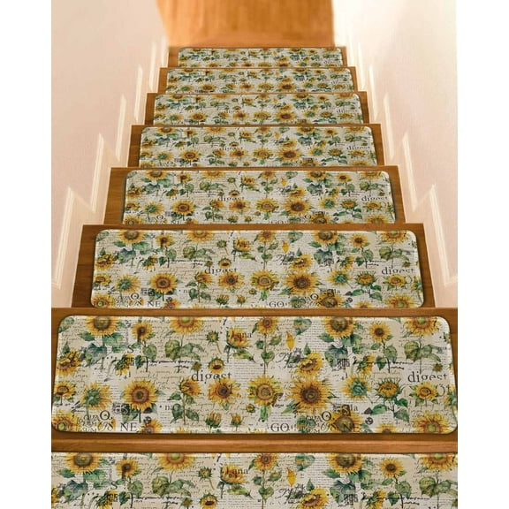 Farmhouse Sunflower Stair Treads for Wooden Steps Indoor Runner Rug Carpet, Retro Summer Botanical 10 Pieces Peel and Stick Staircase Step Treads Covers Washable Throw Door Mats, 30"x8"