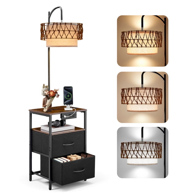 Lámpara de pie VEVOR con mesa auxiliar, mesita de noche de 2 niveles con 2 cajones y bombilla LED de 3 temperaturas de color, mesita de noche moderna con puerto de carga USB, tipo C y CA