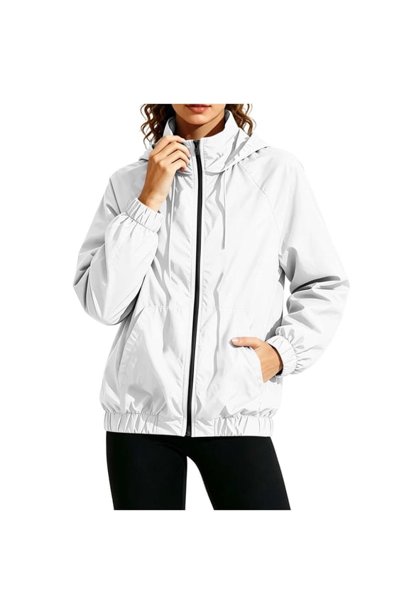 Women's Cropped Windbreaker Jackets Hooded Full Zip Bomber Windbreaker Lightweight Water Resistant Hiking Jogging Commute Jacket White 2XL