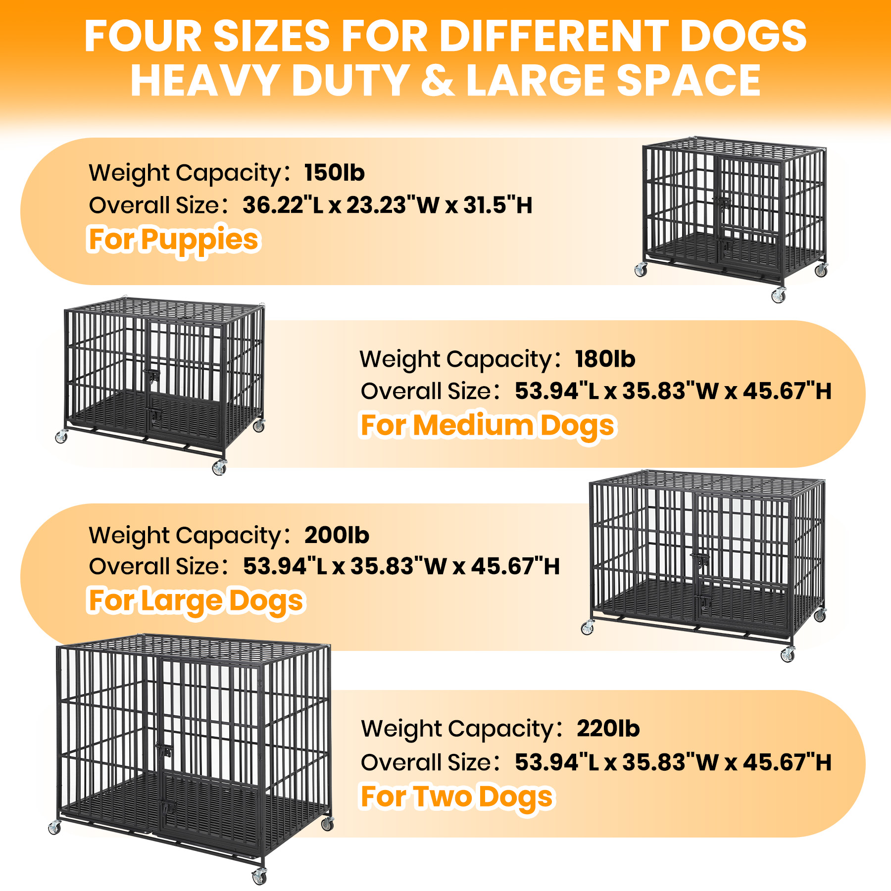 49 Inch Extra Large Heavy Duty Dog Crate with 3 Doors and Wheels, Indoor Outdoor Escape-Proof Metal Kennel with Removable Tray for Large Medium Dogs, Black