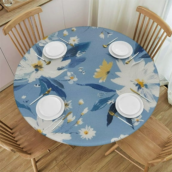 HAOXIT Flower Hand Drawn Style Light Blue Round Tablecloth Waterproof Stain and Wrinkle Resistant Table Cloth Washable Polyester Table Cover for Dining Kitchen 31-35