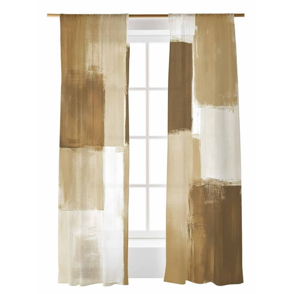 Brown White Sheer Curtains 84 Inch Long 2 Panels, Graffiti Art Mottled Gradient Color Blocks Modern Light Filtering Rod Pocket Semi Sheer Curtains, Sheer Voile Drapes for Living Room Bedroom, 52"x84"